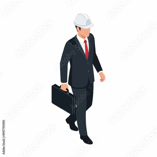 An isometric illustration of a businessman wearing a hard hat and carrying a briefcase, symbolizing construction management or engineering leadership.