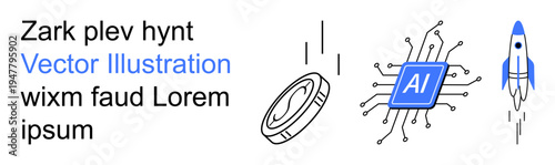 Fintech, artificial intelligence, blockchain, innovation, future tech, space exploration. an AI chip, cryptocurrency coin and rocket icon. Fintech and artificial intelligence concept