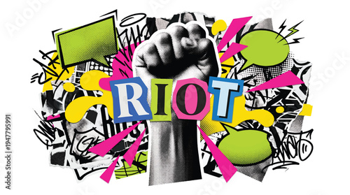 A powerful raised fist graphic is centered over the word RIOT surrounded by chaotic, vibrant, and messy urban design elements.