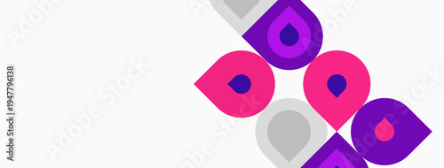 Abstract design features repeating droplet shapes. Purple, gray hues dominate white background. Minimalist, modern aesthetic.