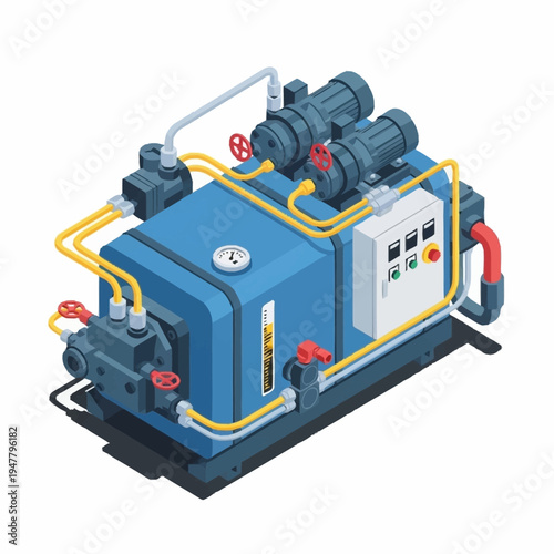 Isometric illustration of an industrial hydraulic power unit with motors and control panel.