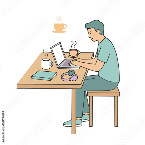 A man sits at a table working on his laptop with a cup of coffee and fruit