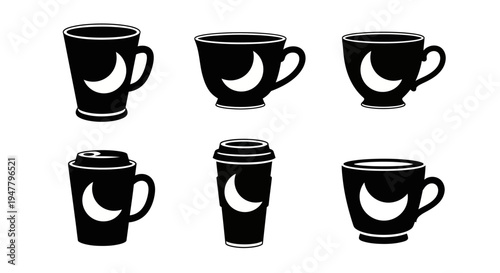 Black coffee cups and tumblers with white moon crescent symbol, modern minimalist drinkware collection for night time or cool beverage