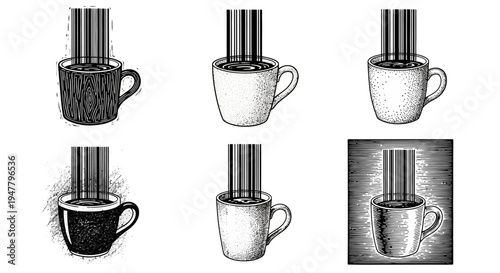 Creative coffee cup illustrations with barcode pouring liquid, unique artistic designs combining technology and beverage for modern concepts