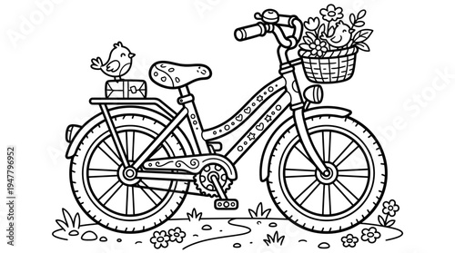 Colorful bicycle with flower basket.