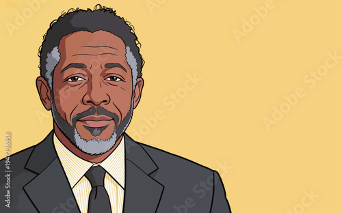 A man wearing a black suit and tie stands and smiles with a yellow background. His gray hair adds to his neat appearance.