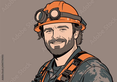 A miner stands with a smile, wearing a helmet and goggles with protective gear in a mining environment during work.