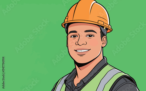 A construction worker stands and smiles while wearing a hard hat and safety vest at a work site. The background is green.