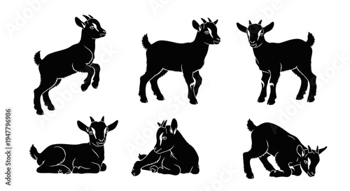 Set of Black Goat Silhouettes in Various Poses on White Background