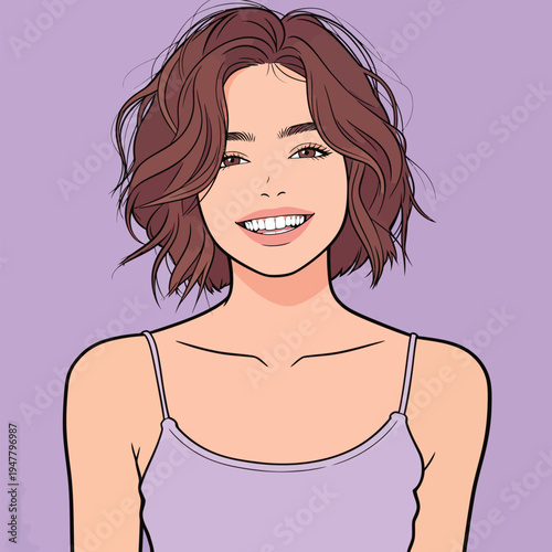 A person with brown hair smiles at the viewer. The background is light purple and the focus is on the person's face and smile.