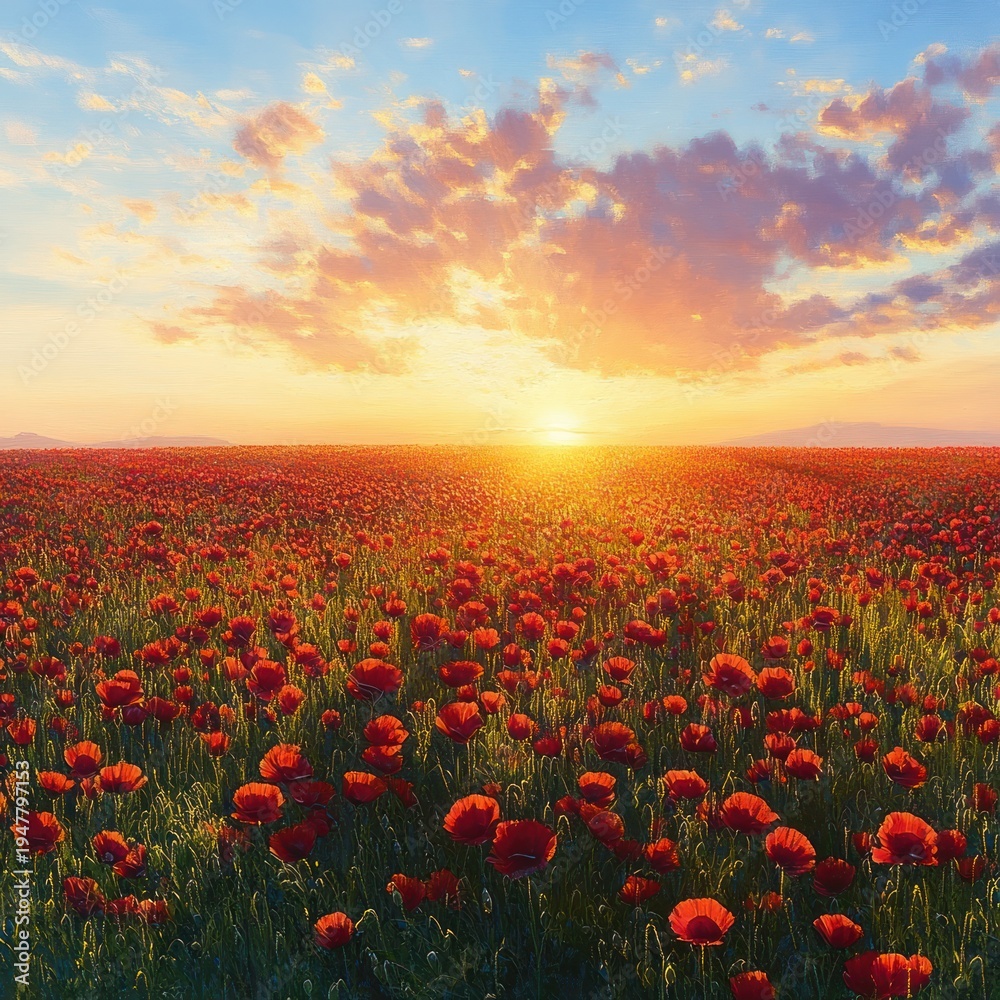 Fototapeta premium Vast field of red poppies under a glowing sunrise with golden light and dramatic clouds, evoking peaceful awe