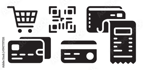 Online shopping and payment icons featuring shopping cart wallet credit card and receipt graphics