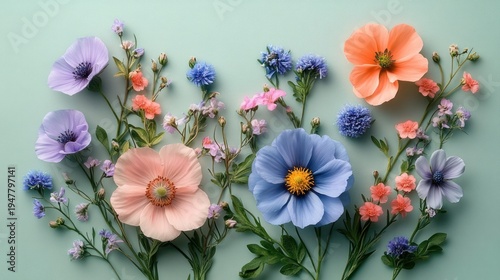 Delicate pastel floral arrangement of peach, blue and lavender blooms with tiny coral sprigs and green stems on a soft mint background conveying calm springtime serenity