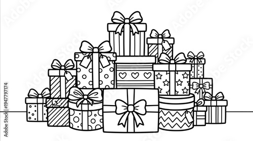 Wrapped presents with decorative bows stacked.