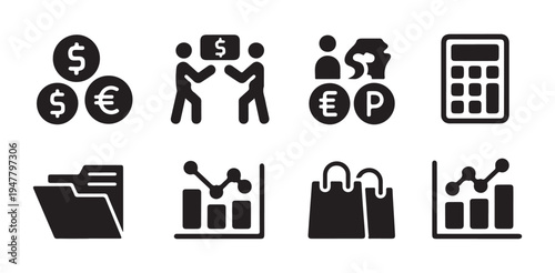 Coins money exchange people calculator folder bar chart shopping bag business graph icons