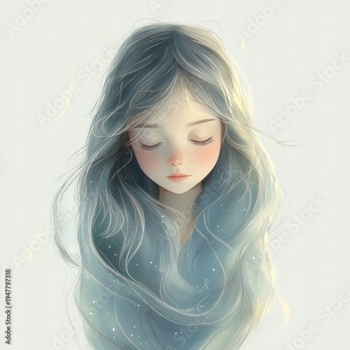 ethereal portrait of a figure with long flowing pastel blue hair, soft glowing strands and tiny sparkles, serene dreamy atmosphere