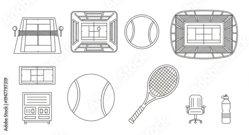 Tennis Equipment and Court Outlines - A Comprehensive Collection of Sporting Elements.