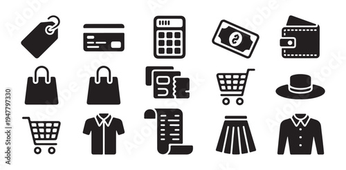 Price tag credit card calculator money wallet shopping bag receipt shopping cart hat t-shirt skirt