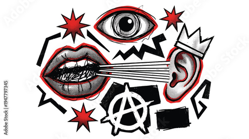 A stylized illustration depicts an open mouth speaking directly to an ear wearing a crown, surrounded by chaotic symbols.