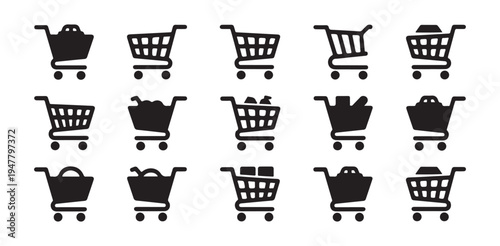 Variety of shopping cart icons with different filled and empty contents