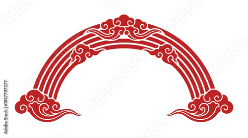 Ornate red arch design featuring swirling cloud patterns, suitable for decorative purposes