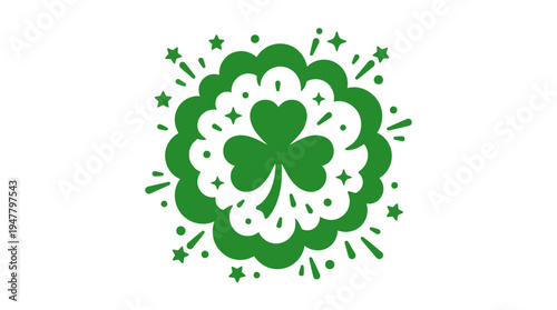 Green shamrock surrounded by festive bursts and stars, symbolizing celebration and luck