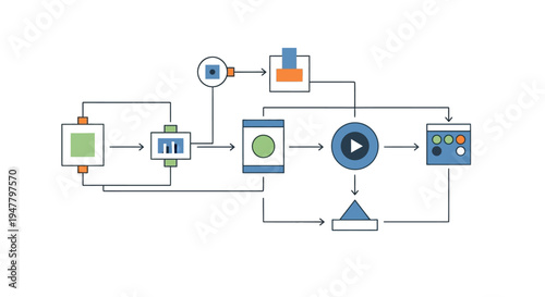 Flowchart Diagram with Various Icons and Symbols.