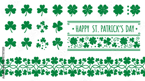 Happy St. Patrick's Day decorative elements with green shamrocks, four-leaf clovers, and borders on an isolated white background, conveying a festive and lucky mood.