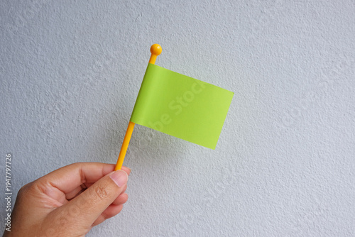 Hand holding green flag. Display various symbols.