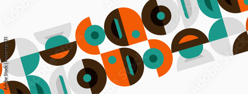 Abstract geometric pattern. Circles, semicircles, rectangles repeat diagonally. Brown, teal, orange hues dominate neutral background.