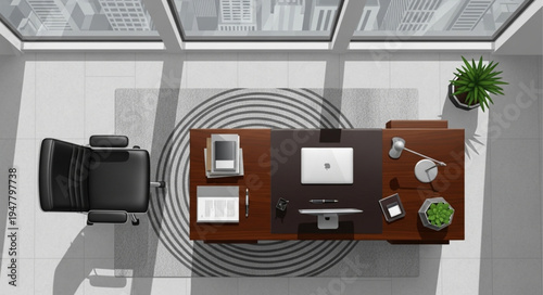 Overhead View of Modern Office Desk with Laptop and Chair.