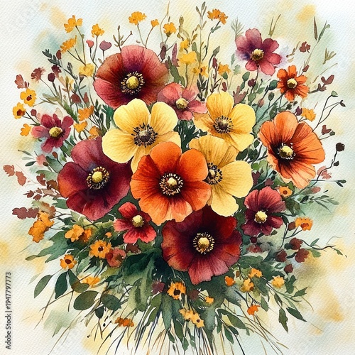 vibrant watercolor bouquet of red, orange and yellow poppies with delicate wildflowers and green foliage, evoking warmth and joy
