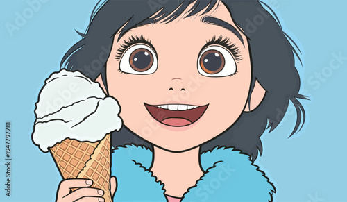A girl enjoys an ice cream cone with a big smile. She has short dark hair and is wearing a light blue top.
