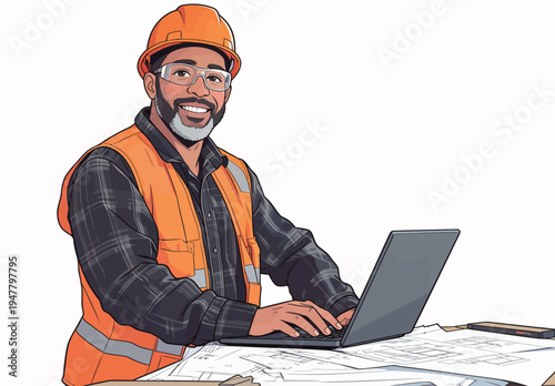 A construction worker sits at a table with blueprints and works on a laptop while wearing safety gear at a job site.