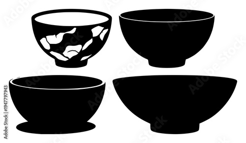 Kintsugi bowl set with solid black silhouette of traditional Japanese craft featuring cracks, minimalist pottery design with line art and isolated white background