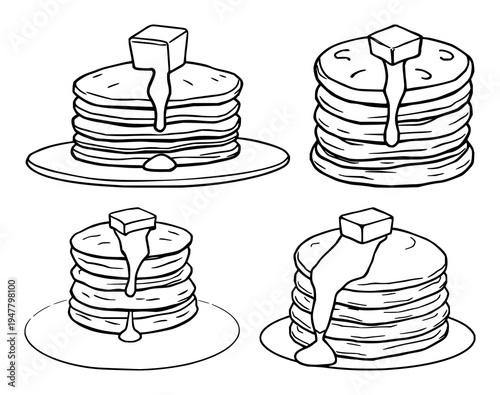 Pancakes set with doodle style illustration of a stack of pancakes and a melting butter cube featuring breakfast, food, illustration with white background and simple lines
