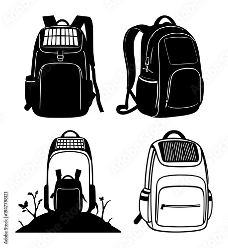 Solar-powered backpack set with solid black fill on white background featuring solar panel, backpack, tech with nomadic lifestyle and sustainability