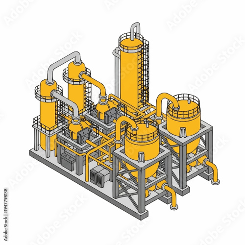 Isometric illustration of a complex industrial chemical processing plant with multiple towers, tanks, and piping systems.