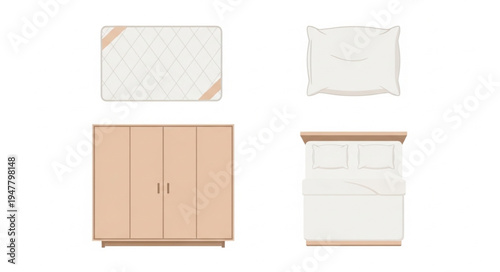 Top View of Bedroom Furniture Set with Bed, Wardrobe, and Rug.