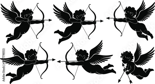 Cherub Silhouette Icon Set with Bow and Arrow, Vector Illustrations for Love, Valentine, and Mythology Themes