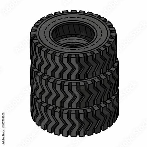A stack of three heavy-duty industrial tires with deep treads, designed for rugged terrain and heavy loads.