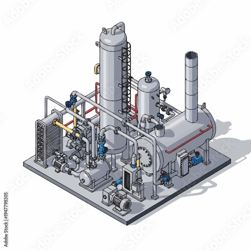 Isometric illustration of a complex industrial processing plant with multiple interconnected tanks, pipes, pumps, and a cooling unit.