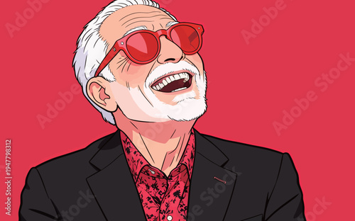 An older man smiles widely while wearing red sunglasses. He enjoys a lively moment with a playful expression on a bright red background.