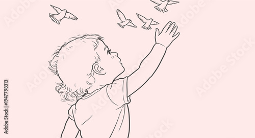A child stretches their hand towards birds flying above. The scene shows a moment of curiosity and wonder in soft lines.