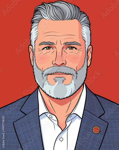 A man has gray hair and a beard. He wears a blue suit with a white shirt. The background is red. He looks directly at the viewer.