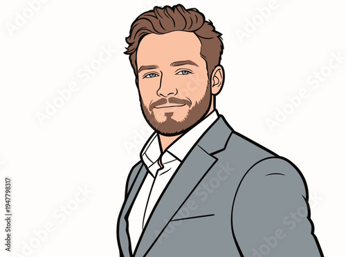 A young man stands in a suit with a friendly smile. He looks directly at the viewer and displays a confident posture.