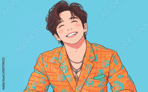 A man smiles brightly while wearing an orange suit with patterns. He appears happy and relaxed, with layered necklaces.