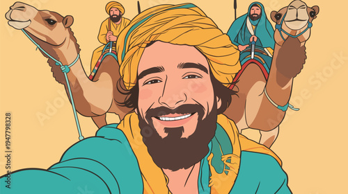 Friends enjoy a desert adventure, riding camels and capturing a happy moment during their journey together.