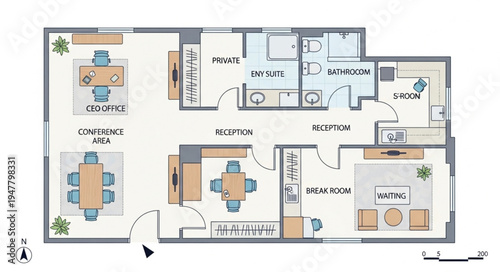 Detailed Floor Plan Layout with Furniture and Room Labels.
