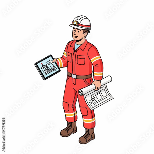 A construction worker in a red uniform holding a tablet and blueprints, ready to oversee a project.